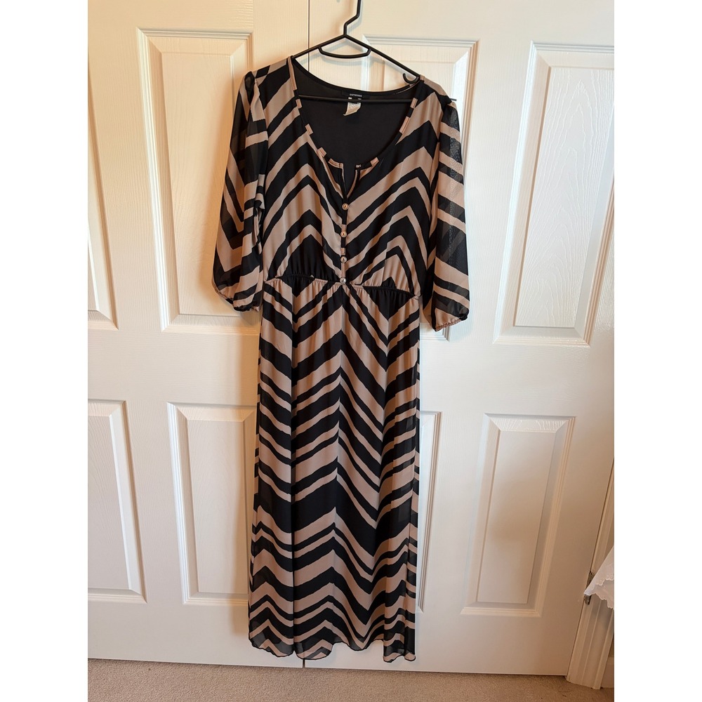 Espresso Women Black Tan Chevron Maxi Dress Elastic Waist 3/4 Sleeve Size M